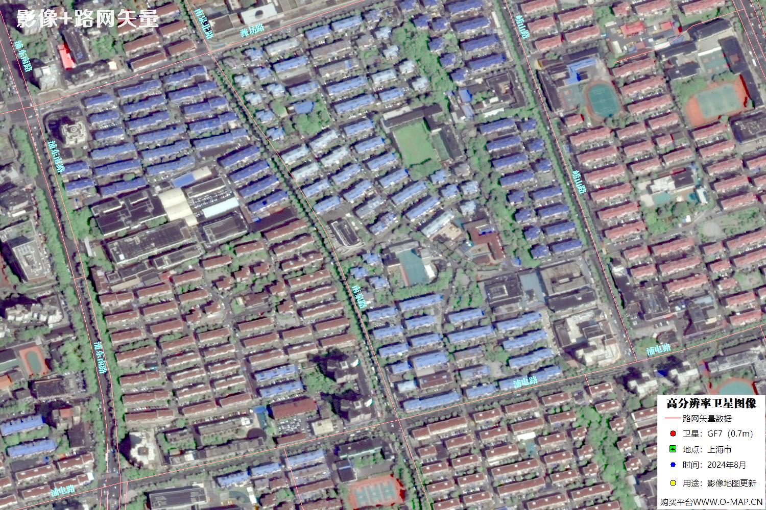 上海市路网数据和上海市2024年卫星图像叠加展示