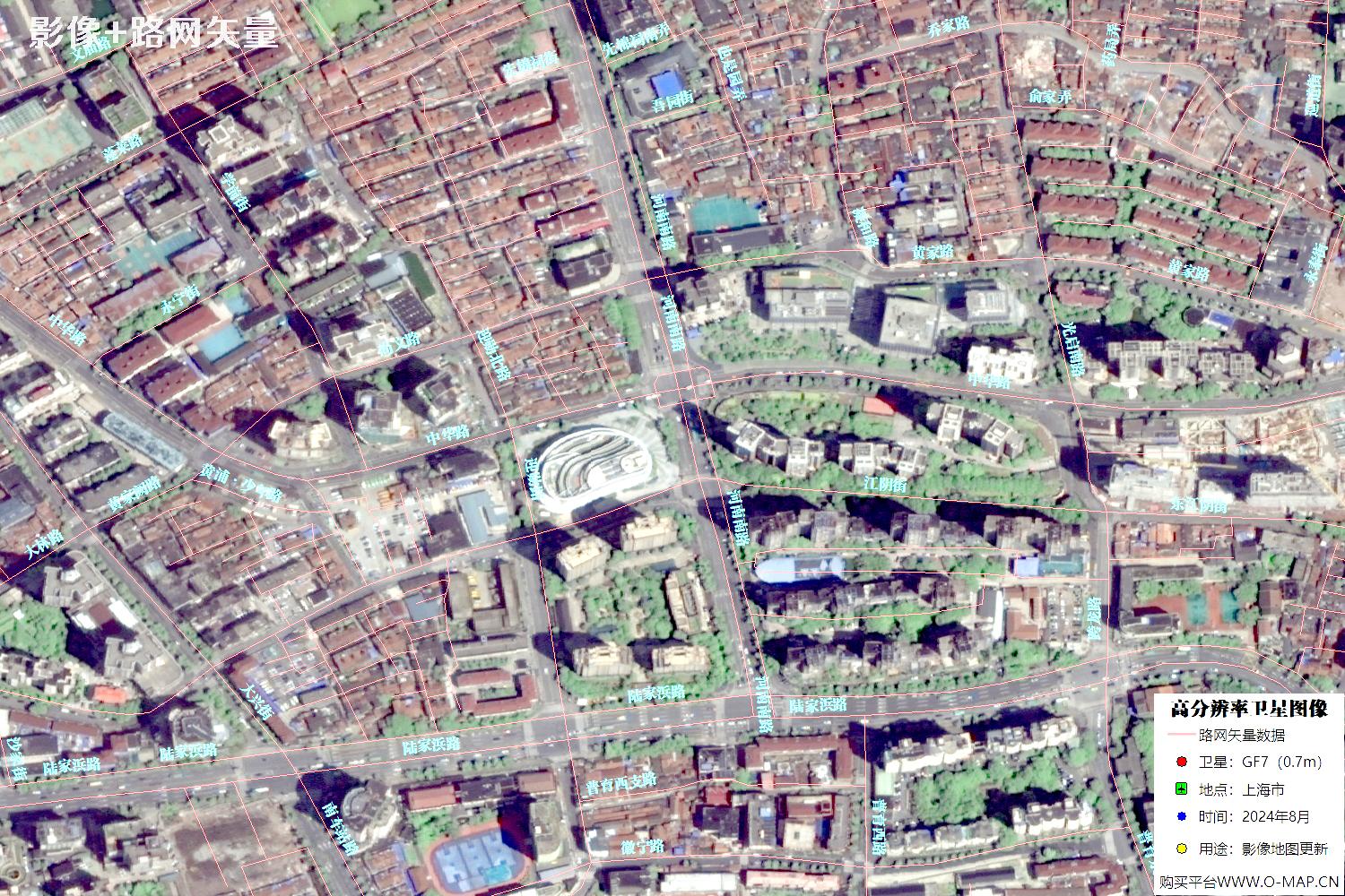 上海市路网数据和上海市2024年卫星图像叠加展示