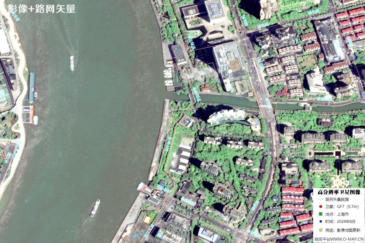上海市路网数据和上海市2024年卫星图像叠加展示