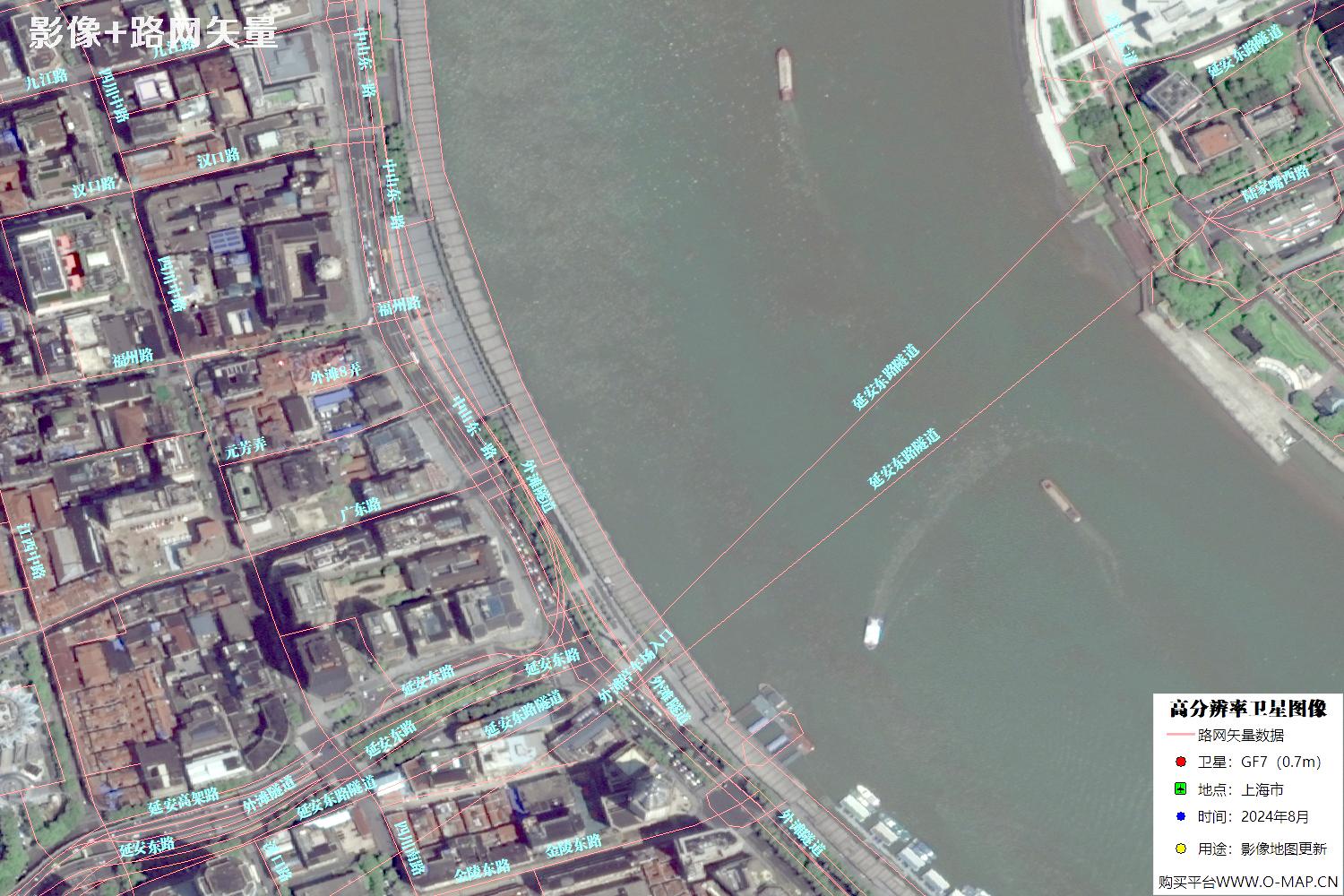 上海市路网数据和上海市2024年卫星图像叠加展示