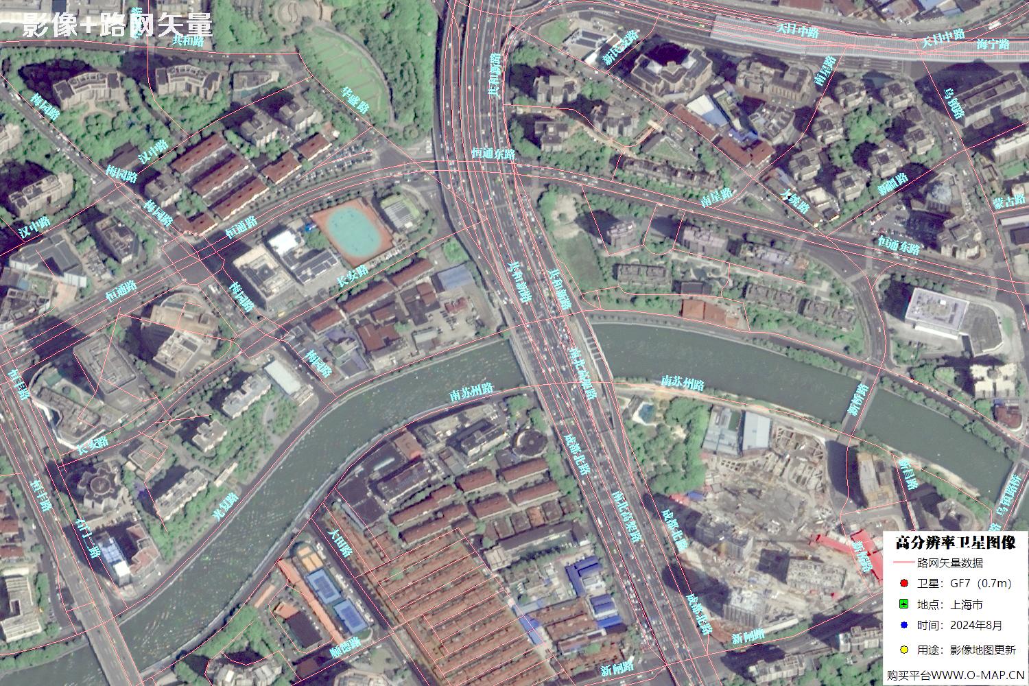 上海市路网数据和上海市2024年卫星图像叠加展示
