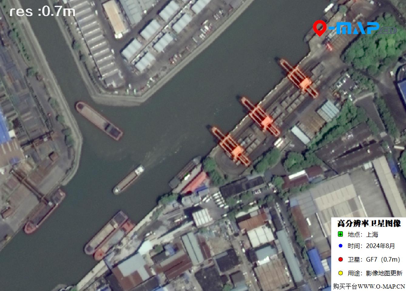 0.7米GF7卫星2024年拍摄的上海蕰藻浜河道船只卫星图像