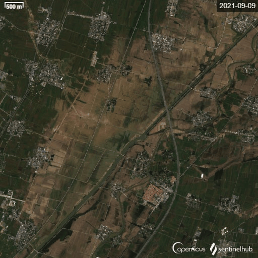 河南省卫辉市黄土岗村军屯村2021年9月份大雨水灾卫星前后动态对比图