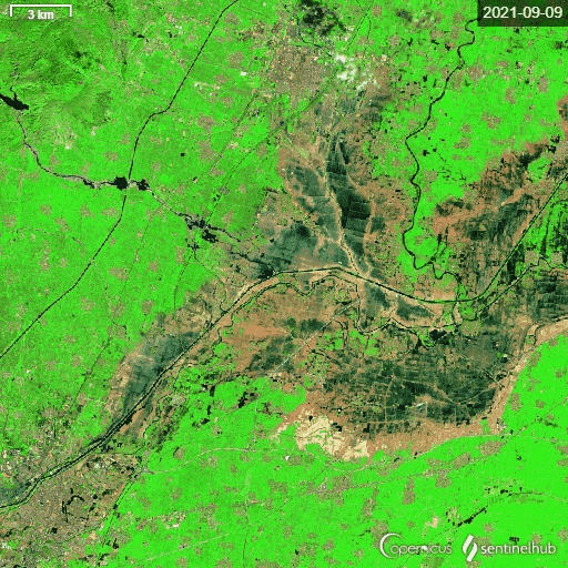 河南省新乡市辉县2021年9月份大雨水灾卫星前后动态对比图