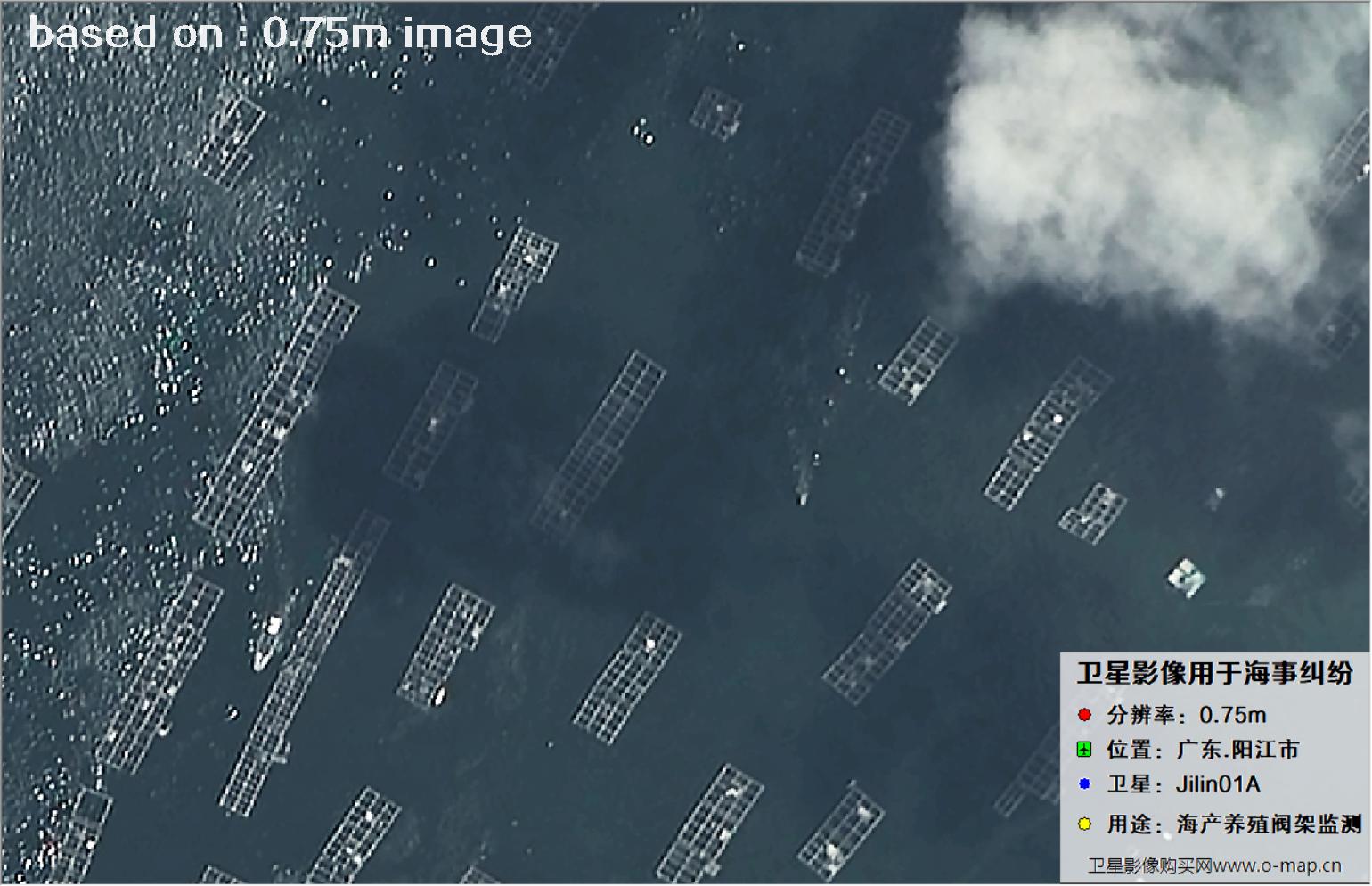 吉林一号卫星拍摄的广东省阳江市海产养殖阀架卫星图像