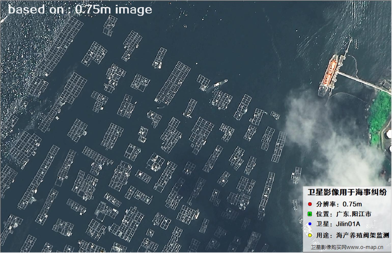 吉林一号卫星拍摄的广东省阳江市海产养殖阀架卫星图像