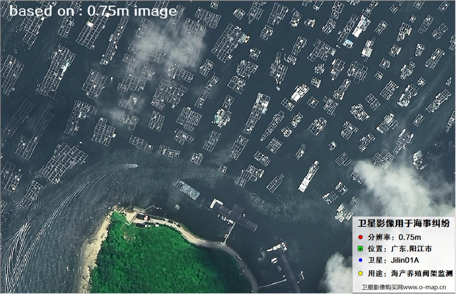 吉林一号卫星拍摄的广东省阳江市海产养殖阀架卫星图像