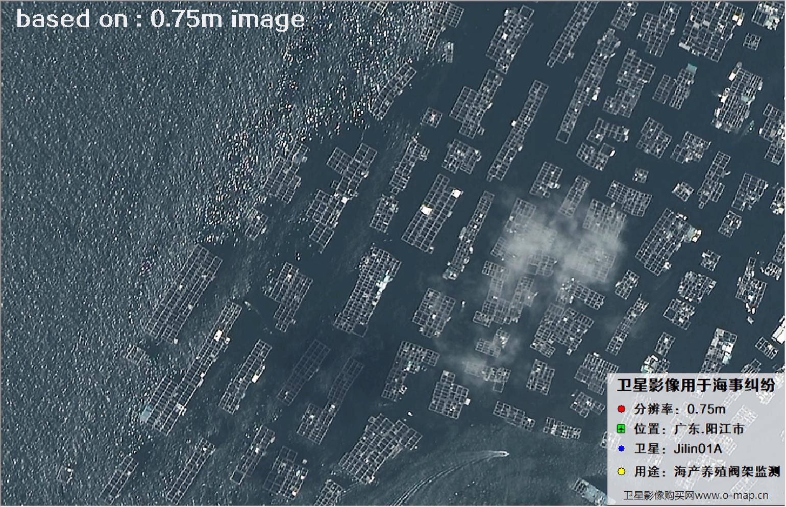 吉林一号卫星拍摄的广东省阳江市海产养殖阀架卫星图像