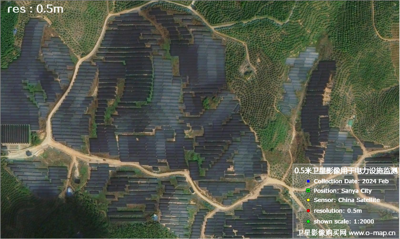 0.5米分辨率卫星在三亚市拍摄的电塔、变电站和太阳能发电站