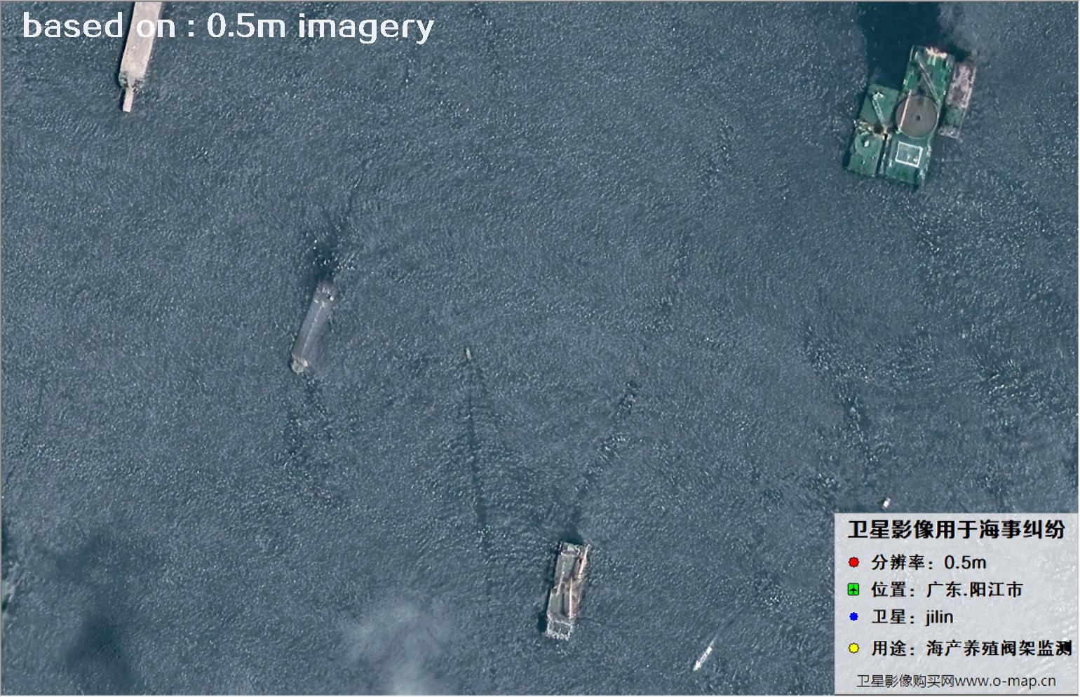 0.5米分辨率卫星2024年拍摄的阳江市海产养殖阀架卫星图像