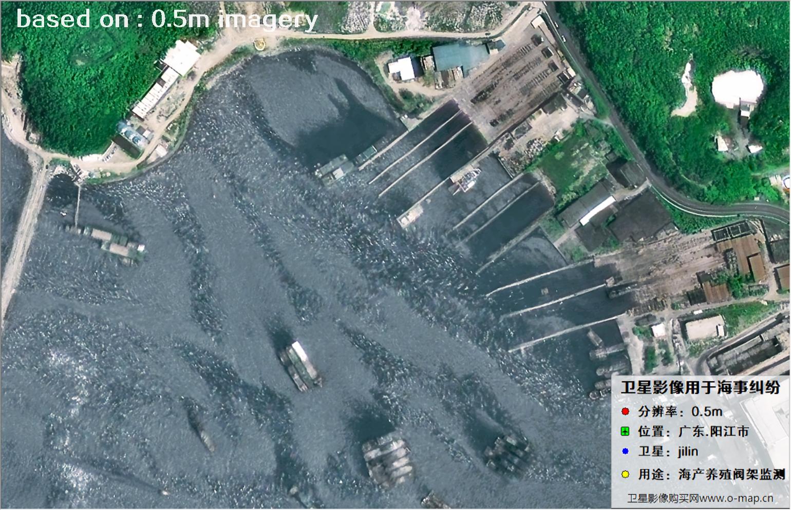 0.5米分辨率卫星2024年拍摄的阳江市海产养殖阀架卫星图像