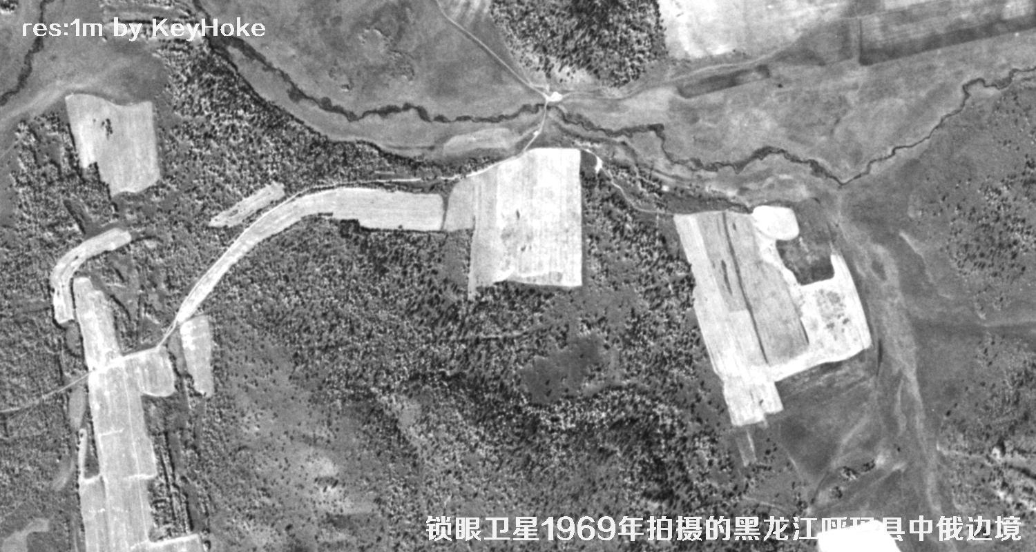 KeyHole锁眼卫星1969年拍摄的黑龙江呼玛县中俄边境卫星图片