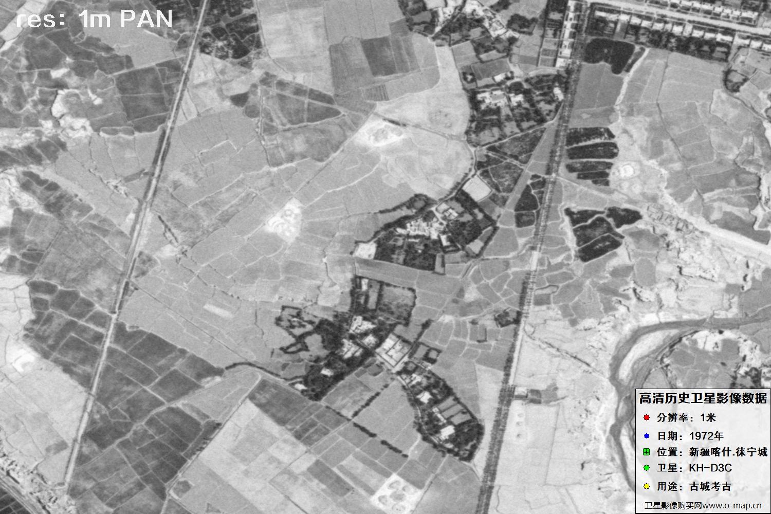 KeyHole锁眼卫星拍摄的新疆赖宁古城1972年历史卫星图像
