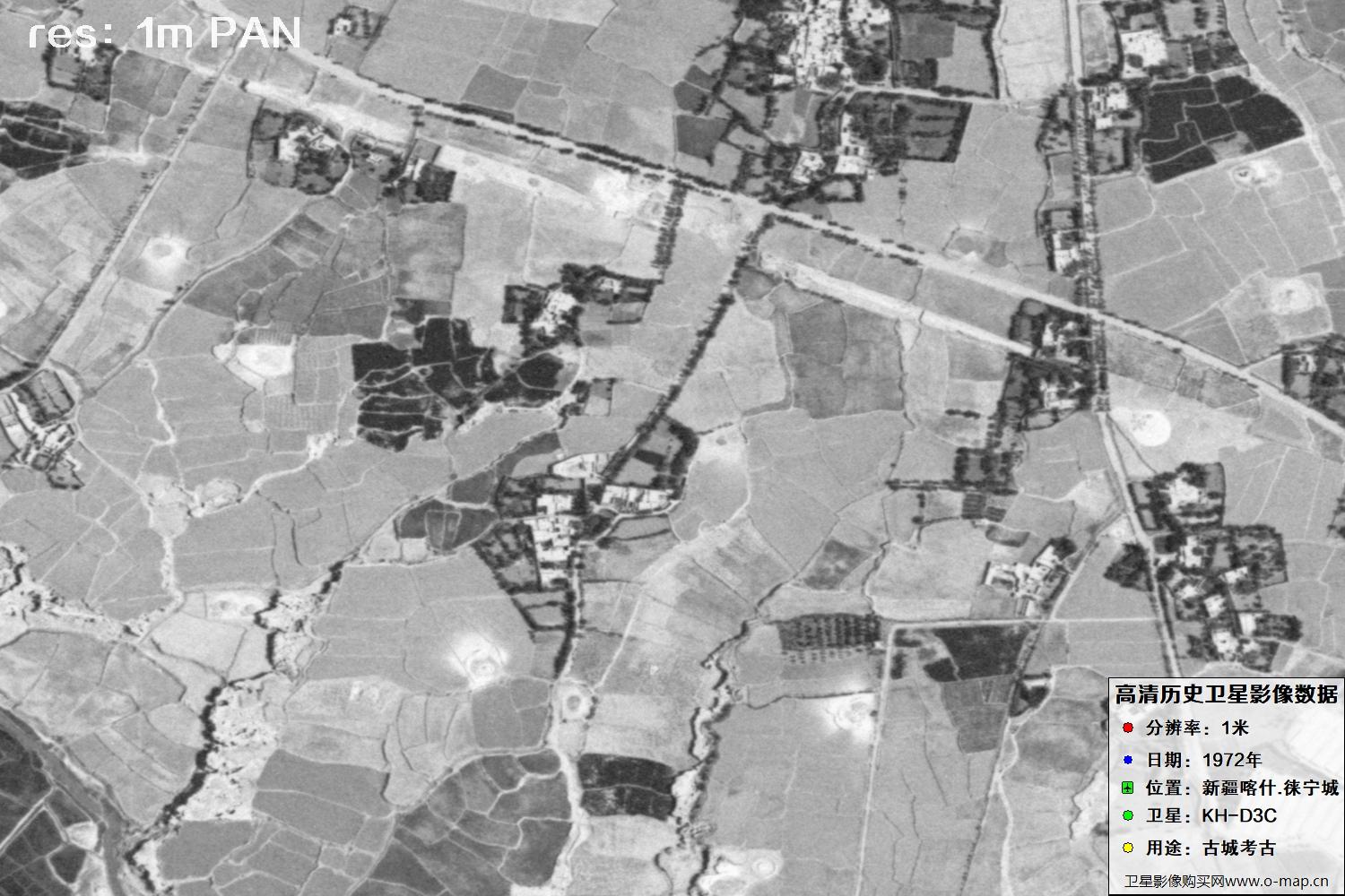 KeyHole锁眼卫星拍摄的新疆赖宁古城1972年历史卫星图像