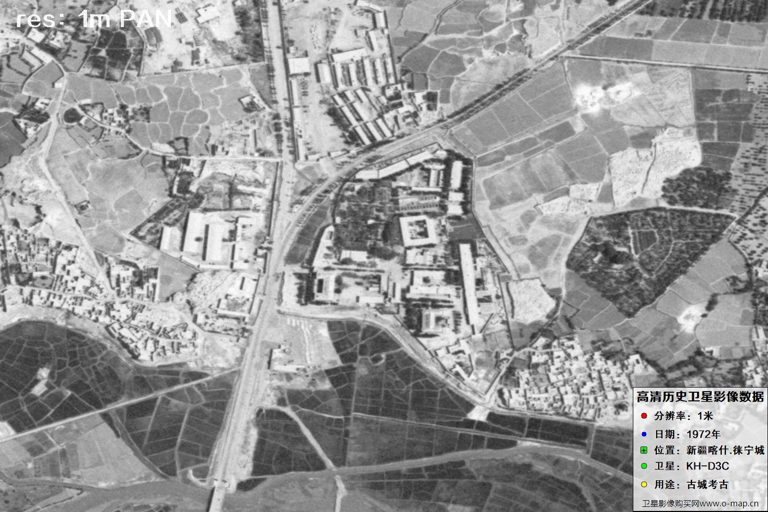 KeyHole锁眼卫星拍摄的新疆赖宁古城1972年历史卫星图像