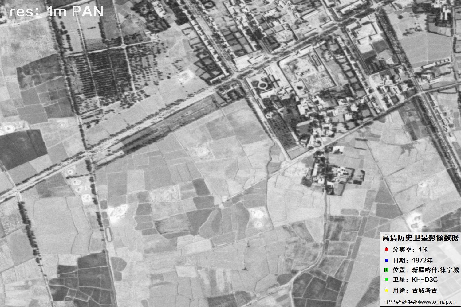 KeyHole锁眼卫星拍摄的新疆赖宁古城1972年历史卫星图像