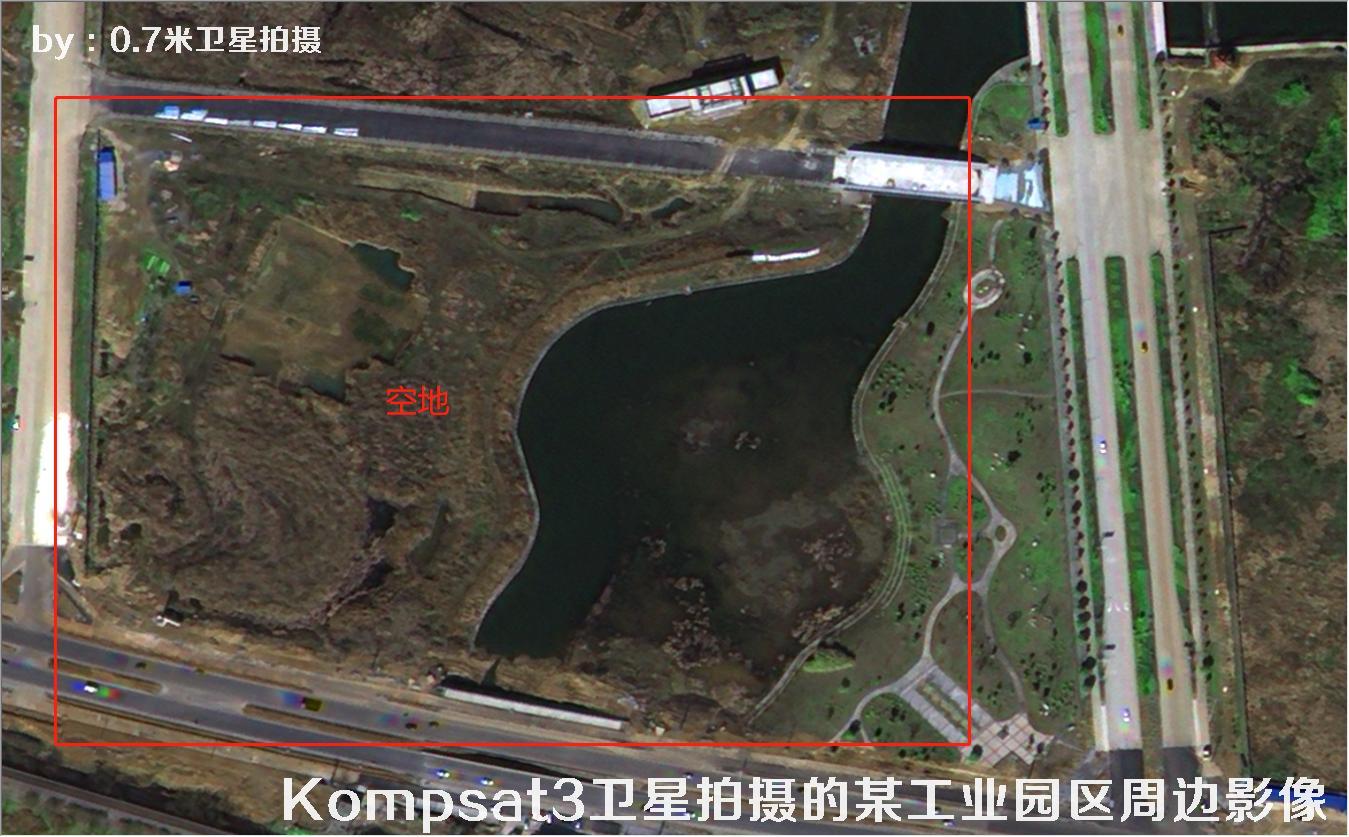 韩国Kompsat3卫星拍摄的建筑工地以及空地和池塘水库卫星图