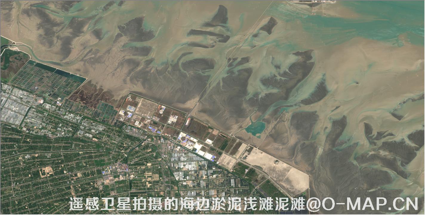 遥感卫星拍摄的海边淤泥浅滩泥滩卫星图