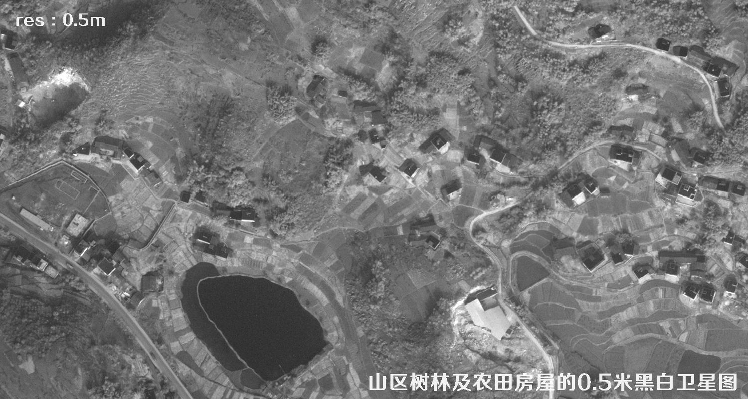 美国WorldView1卫星拍摄的山区森林和农田房屋卫星图
