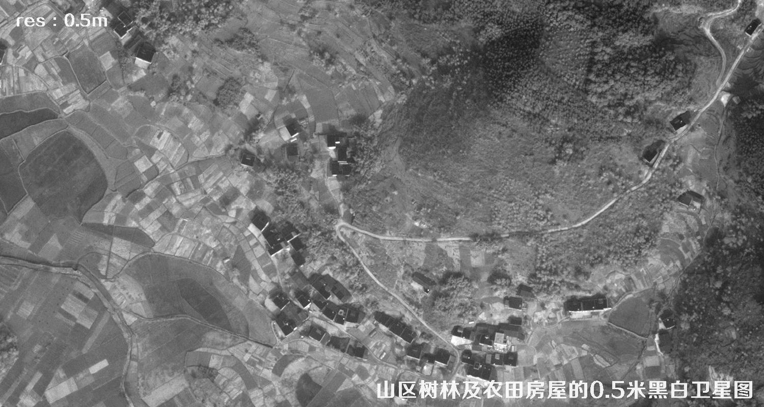 美国WorldView1卫星拍摄的山区森林和农田房屋卫星图