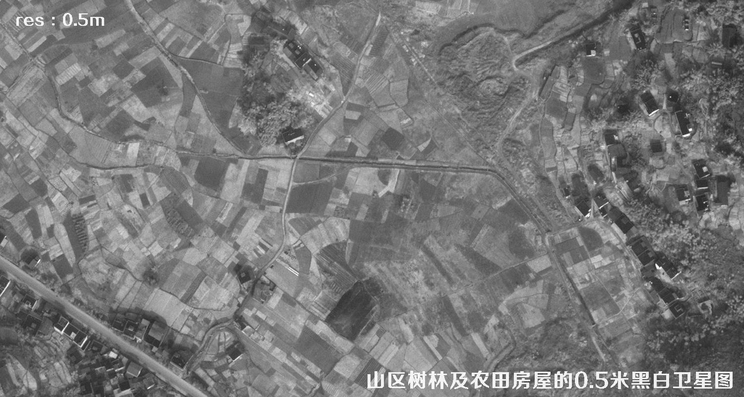 美国WorldView1卫星拍摄的山区森林和农田房屋卫星图
