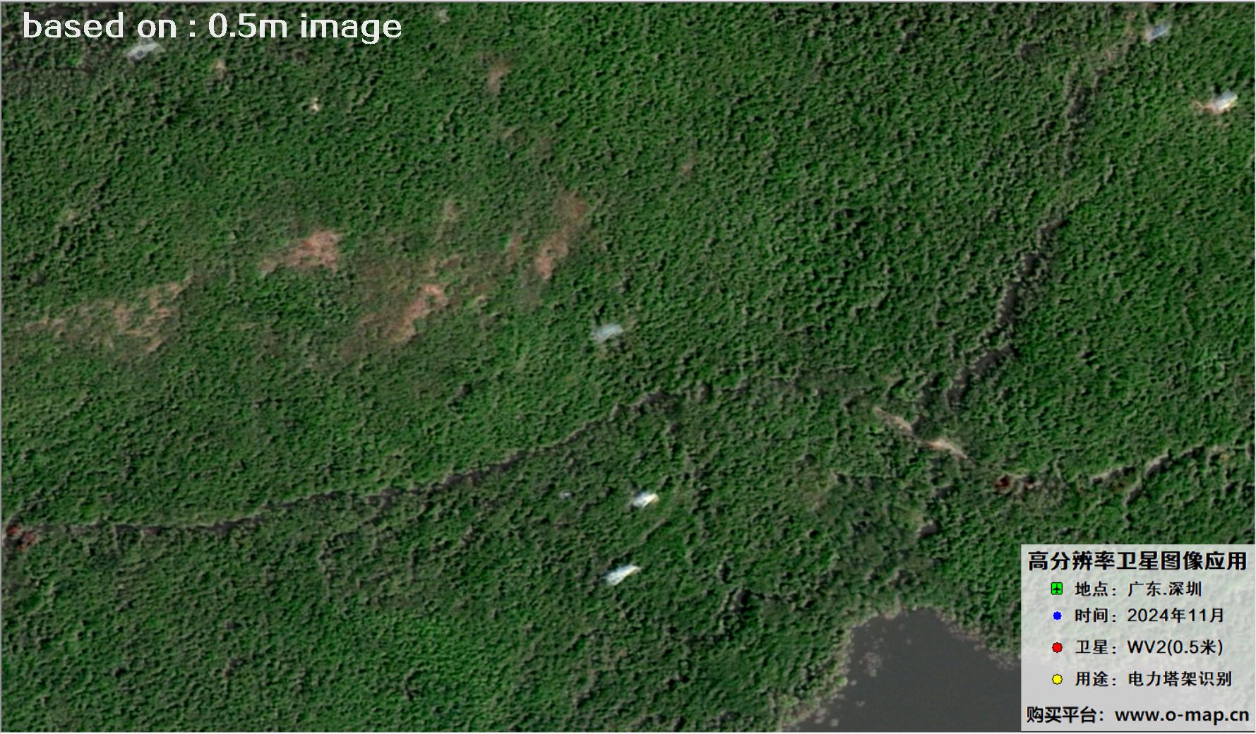 0.5米分辨率WorldView2卫星2024年拍摄的深圳市电力塔架卫星图像