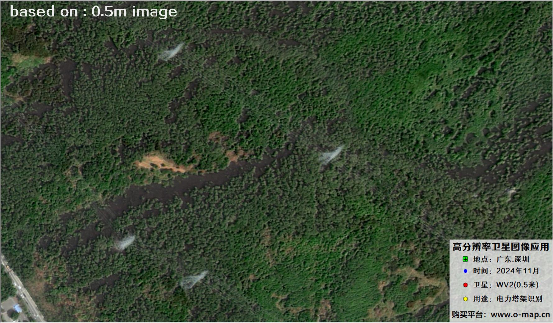 0.5米分辨率WorldView2卫星2024年拍摄的深圳市电力塔架卫星图像