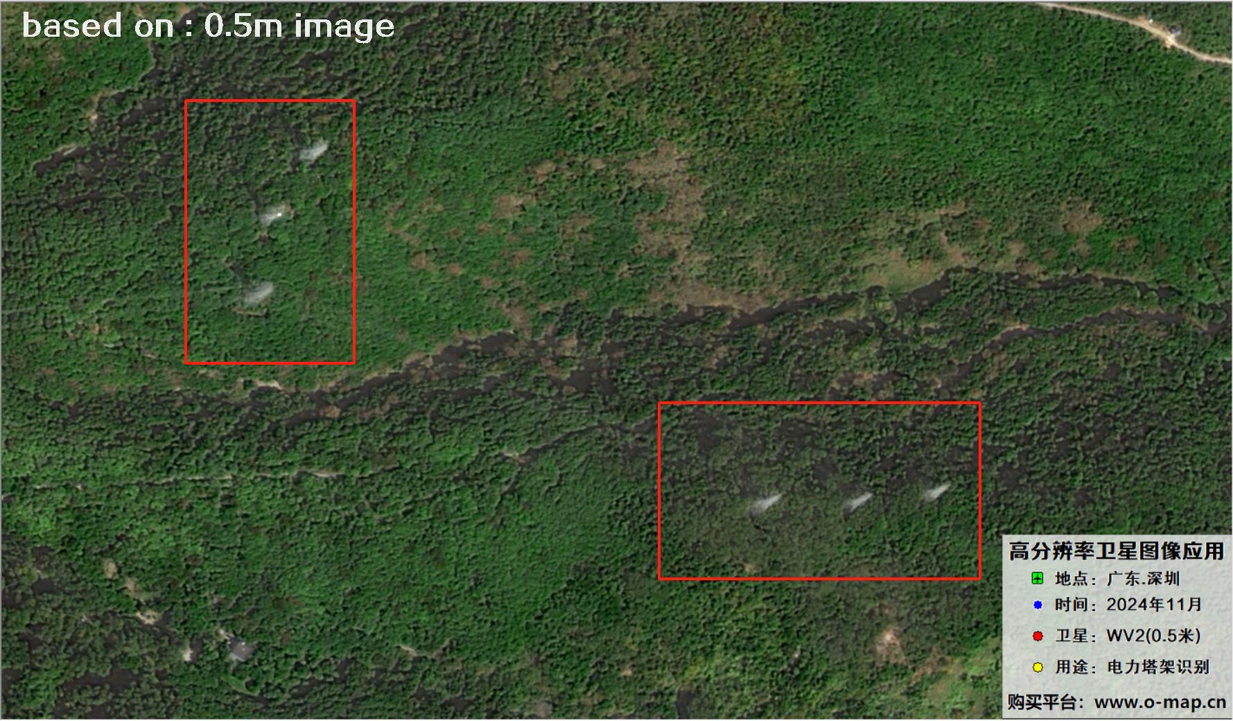 0.5米分辨率WorldView2卫星2024年拍摄的深圳市电力塔架卫星图像