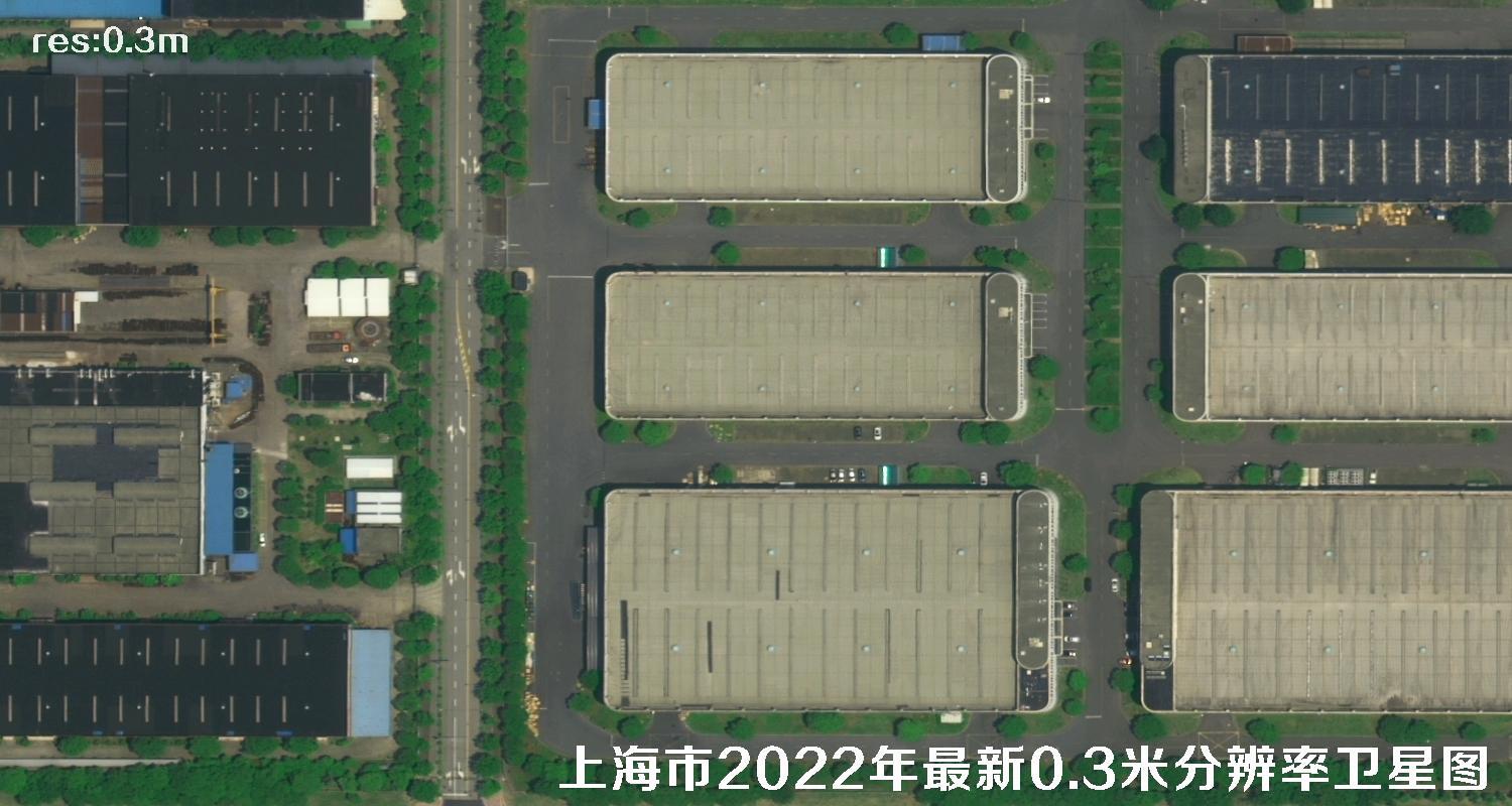 0.3米卫星拍摄的上海工业园区及周边住宅和空载的大卡车